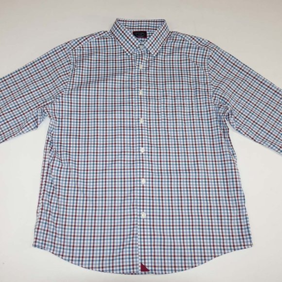 UNTUCKit Mens Amanti Dress Shirt Large Long Sleeves Blue White Red Gingham Nylon - Picture 1 of 5